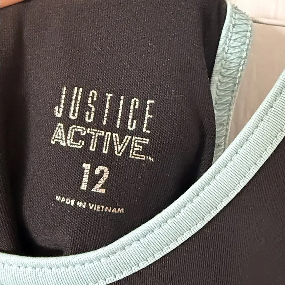 Justice active tank top teal trim Hustle logo graphic size 12